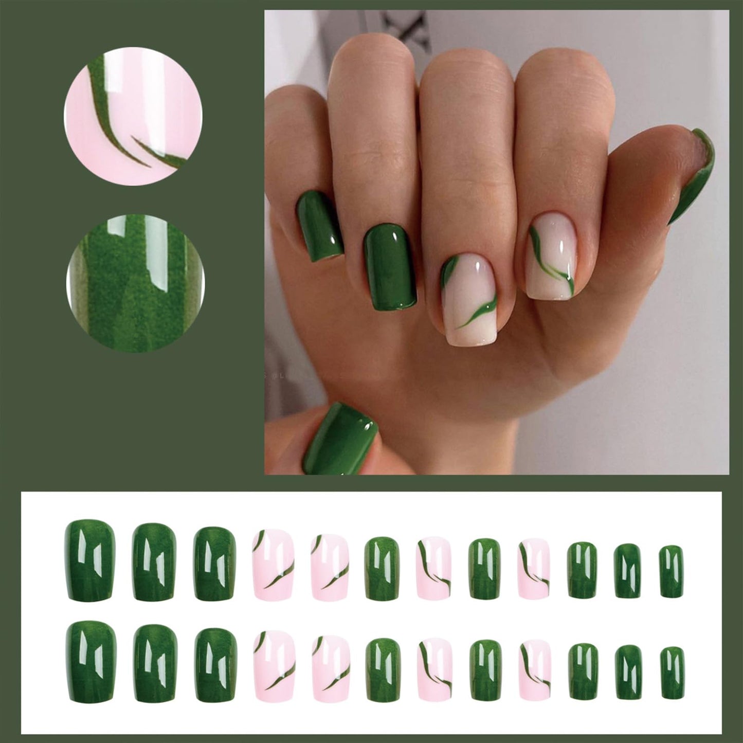 SINHOT Green Press on Nails Medium Square Fake Nails Glossy Glue on Nails Stiletto Acrylic Nails Green Line Arificial Nails Stick on False Nails with Design 24 pcs