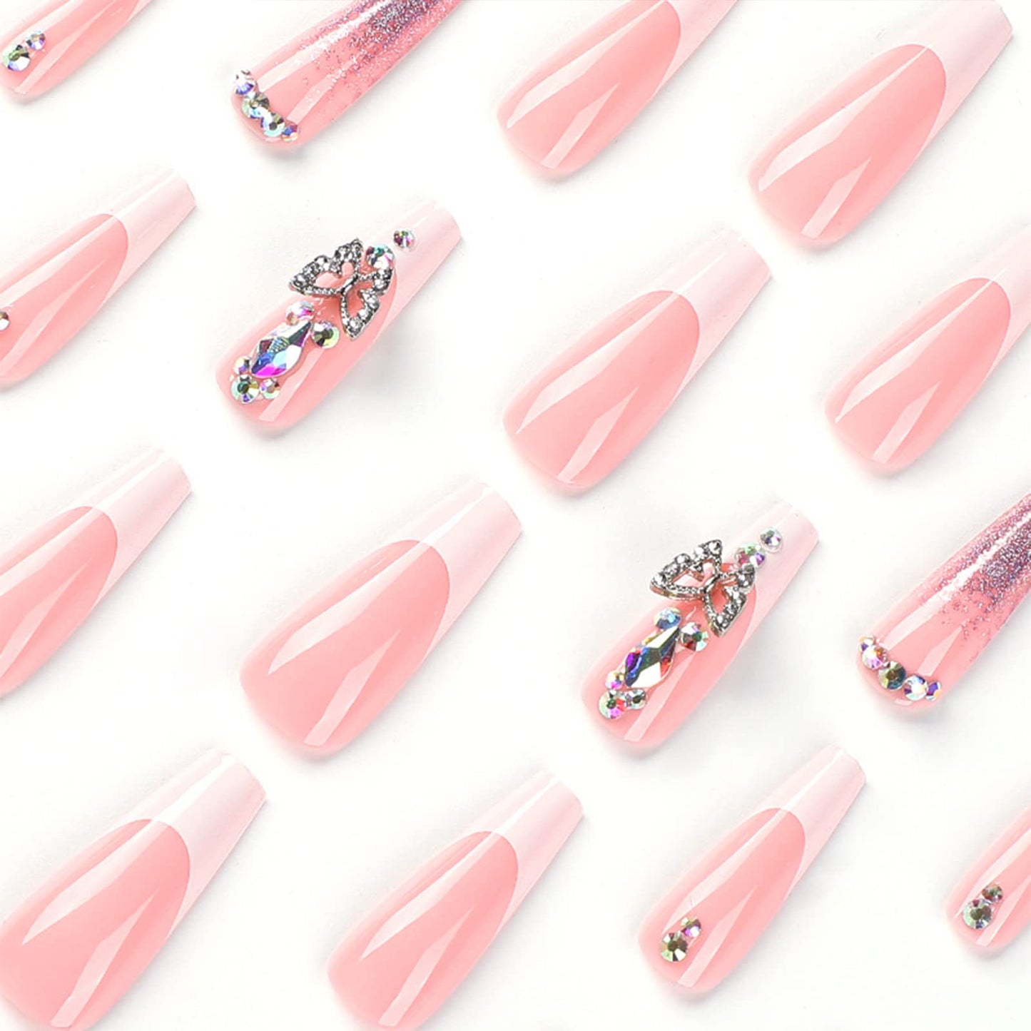 Luxury Long Press on Nails Coffin Pink Fake Nails Acrylic False Nails with Butterfly Rhinestones Design French Tip Full Cover Stick on Nails Glossy Artificial Nails Women