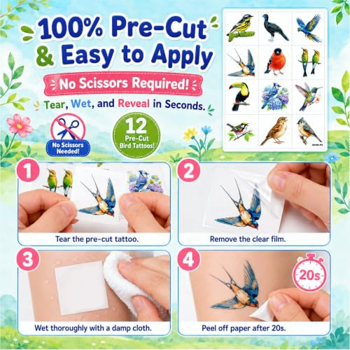 96 Rainforest Bird Temporary Tattoos for Kids