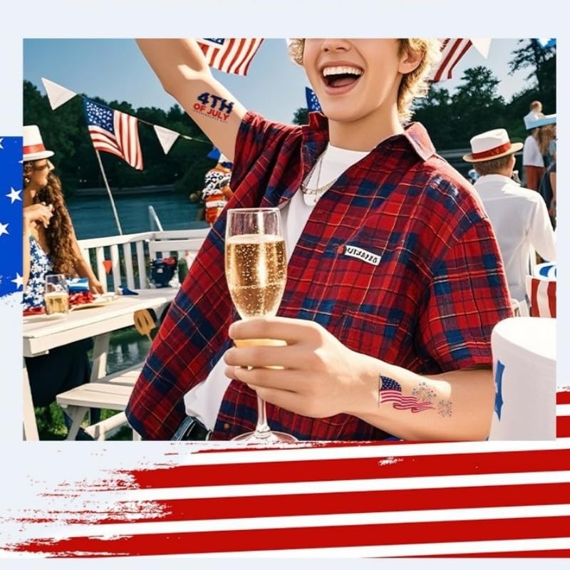 4th of July Tattoo Stickers - Patriotic Flag Design 12pc Set