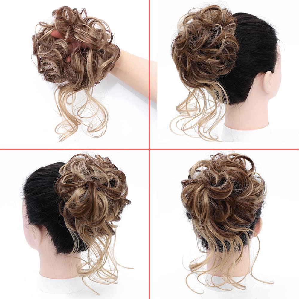 KETHBE Messy Bun Hair Piece Tousled Updo Hair Buns Extension Elastic Hair Band Hair Pieces Curly Hair Bun Scrunchie For Women (Brown Mix Ash Blonde)