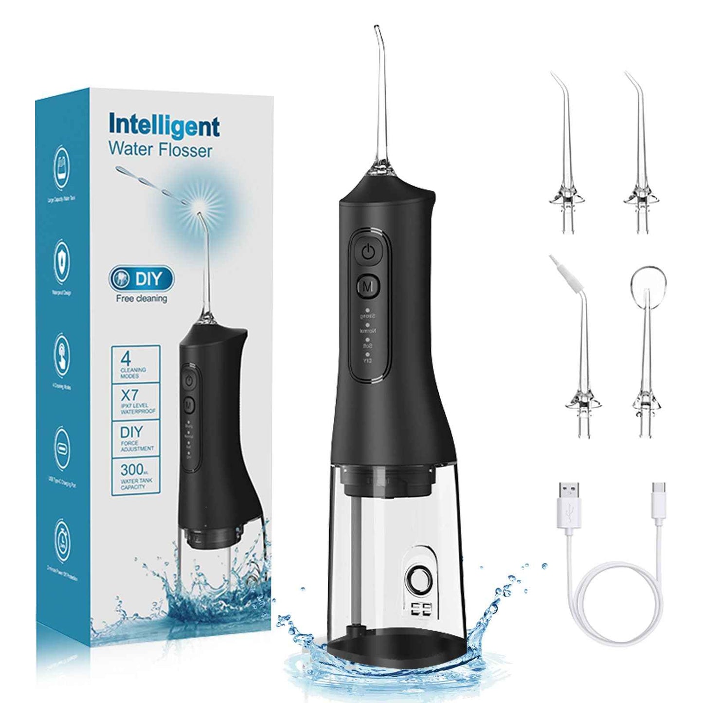 Portable Cordless Water Dental Flosser Teeth Pick 300ML Rechargeable Oral Irrigator with 4 Modes, IPX7 Waterproof,Powerful Flossing for Gum Care, Braces, and Deep Cleaning (Black)