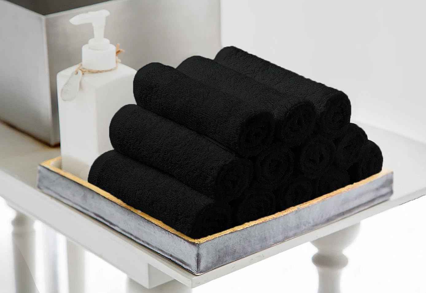Avalon Towels Cotton Washcloths – (Pack of 24) Size 12x12 Inches, 100% Ring Spun Cotton, Soft & Absorbent Face Towels, Gym Towels, Hotel and Spa Quality, Reusable Fingertip Towels (Black)