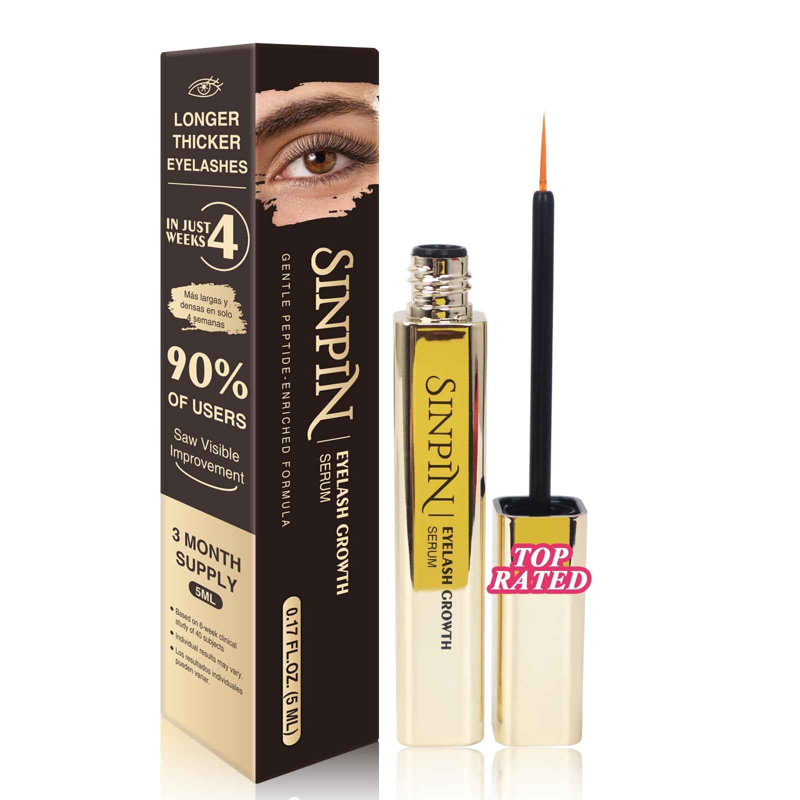 Natural Lash Growth Serum – See Visible Results in 4 Weeks | SINPIN Eyelash Serum without Prostaglandin, Enriched with Biotin, Panthenol & Peptides for Longer, Thicker Lashes, 5ML