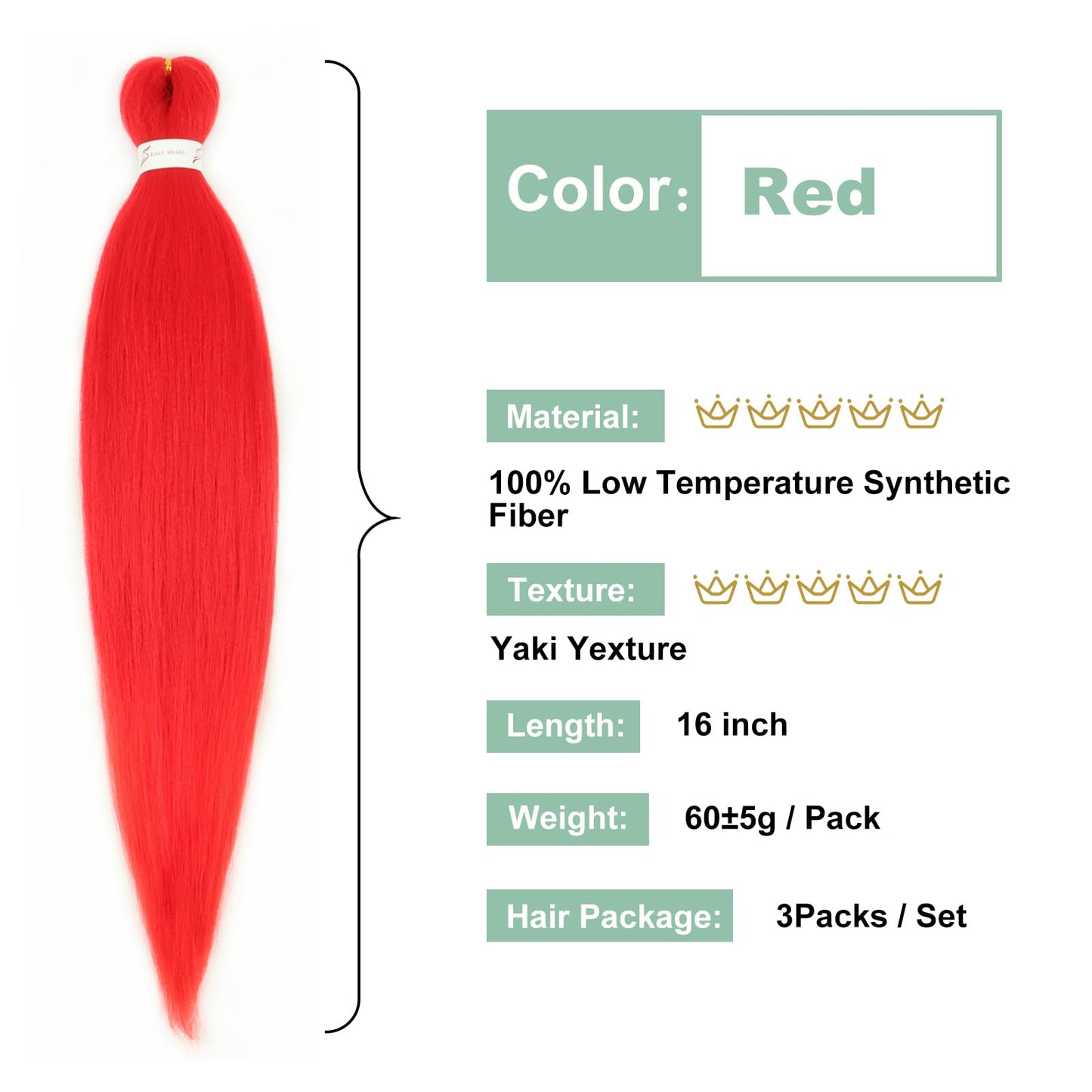 Red Braiding Hair Pre stretched 16 Inch 3 Packs Kanekalon Pre-stretched Braiding Hair EZ Braid Hot Water Setting Soft Yaki Texture Synthetic Hair Extensions for Crochet Box Braids