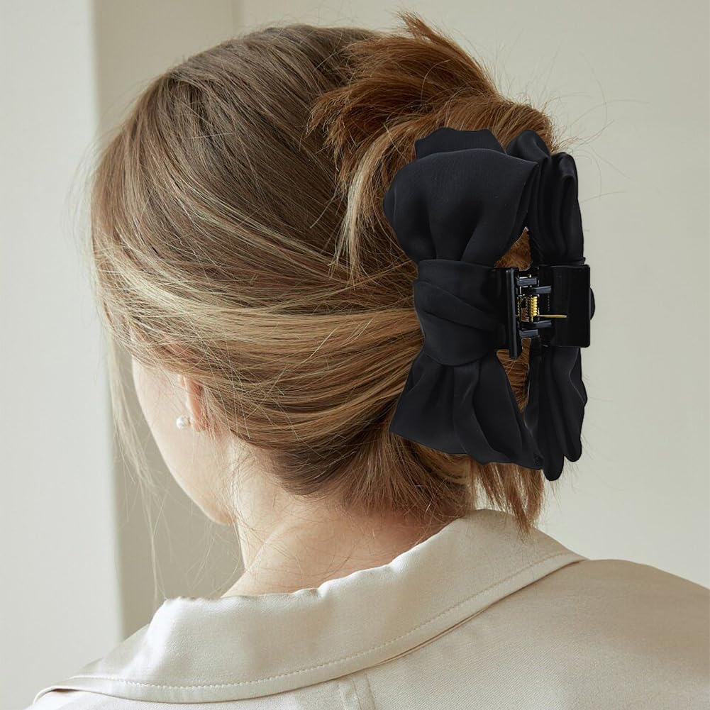 4 PACK Large Black Satin Nonslip Bow Claw Hair Accessories for Women