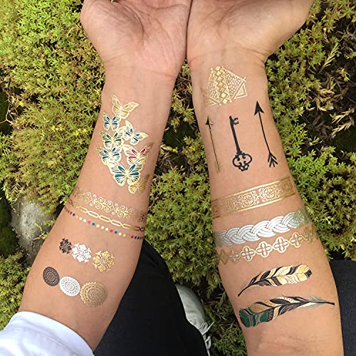 Metallic Temporary Tattoo 260+ Gold Silver Fake Tattoos for Women,Flash Jewelry Gold Tattoos Waterproof and Long Lasting