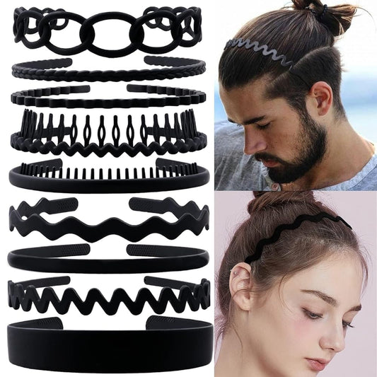 LAPOHI 9 PCS Headbands Athletic Non Slip, Black Plastic Wide Head Bands with Teeth, Hair Bands for Women Men Teen Girls