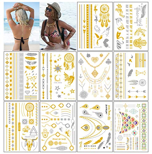 Gold & Silver Metallic Waterproof Temporary Tattoos - 10 Sheets