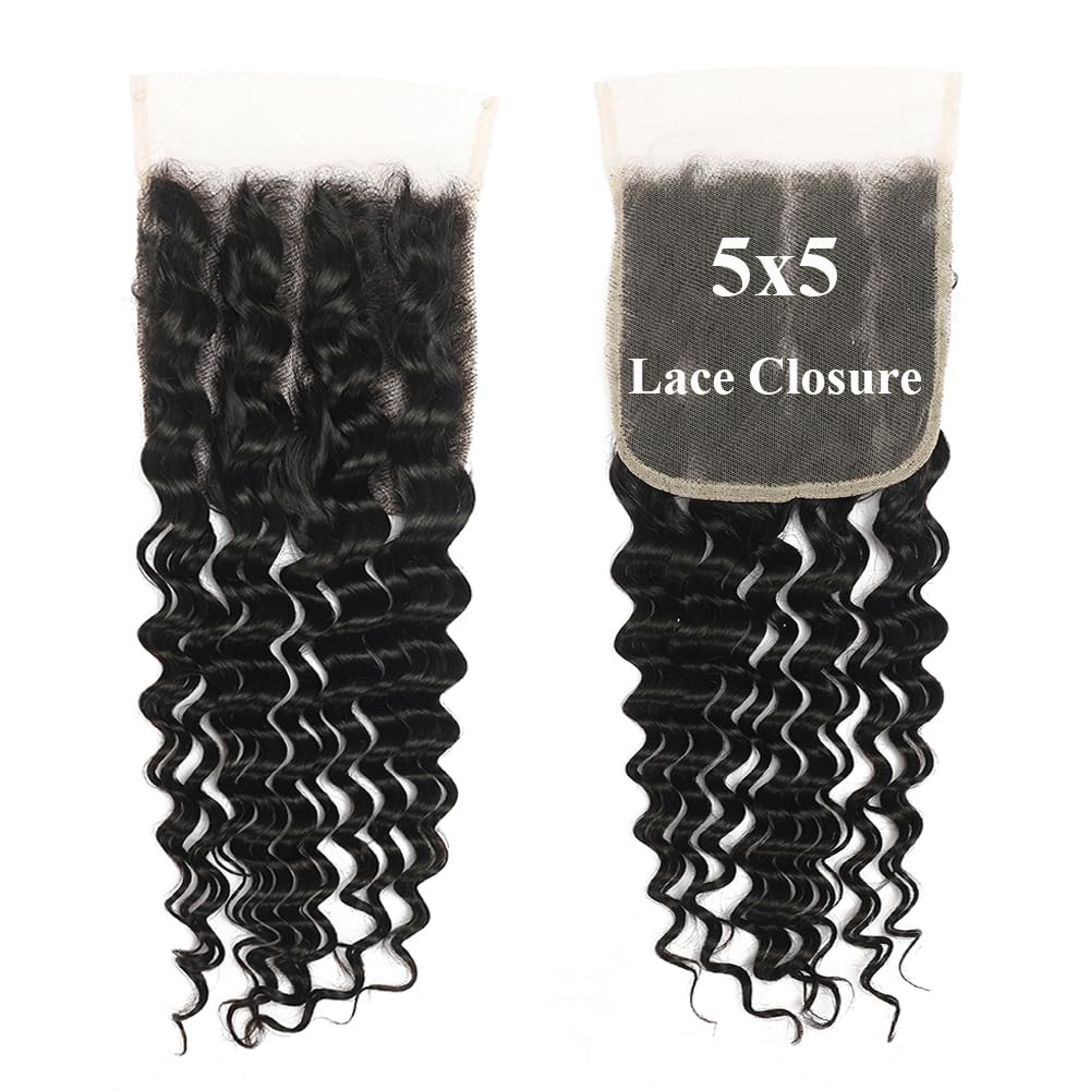 5x5 Closure Deep Wave Transparent HD Lace Closure 12A Brazilian Virgin Human Hair Closure Free Part Pre Plucked with Baby Hair Natural Color 12 Inch