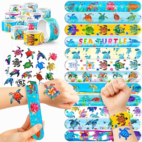 48PCS Turtle Party Set - 24PCS Temporary Tattoos & 24PCS Slap Bracelets - Ocean-Themed Birthday Supplies, Baby Shower Gifts, Classroom Rewards & Party Decor for Kids (Boys & Girls)