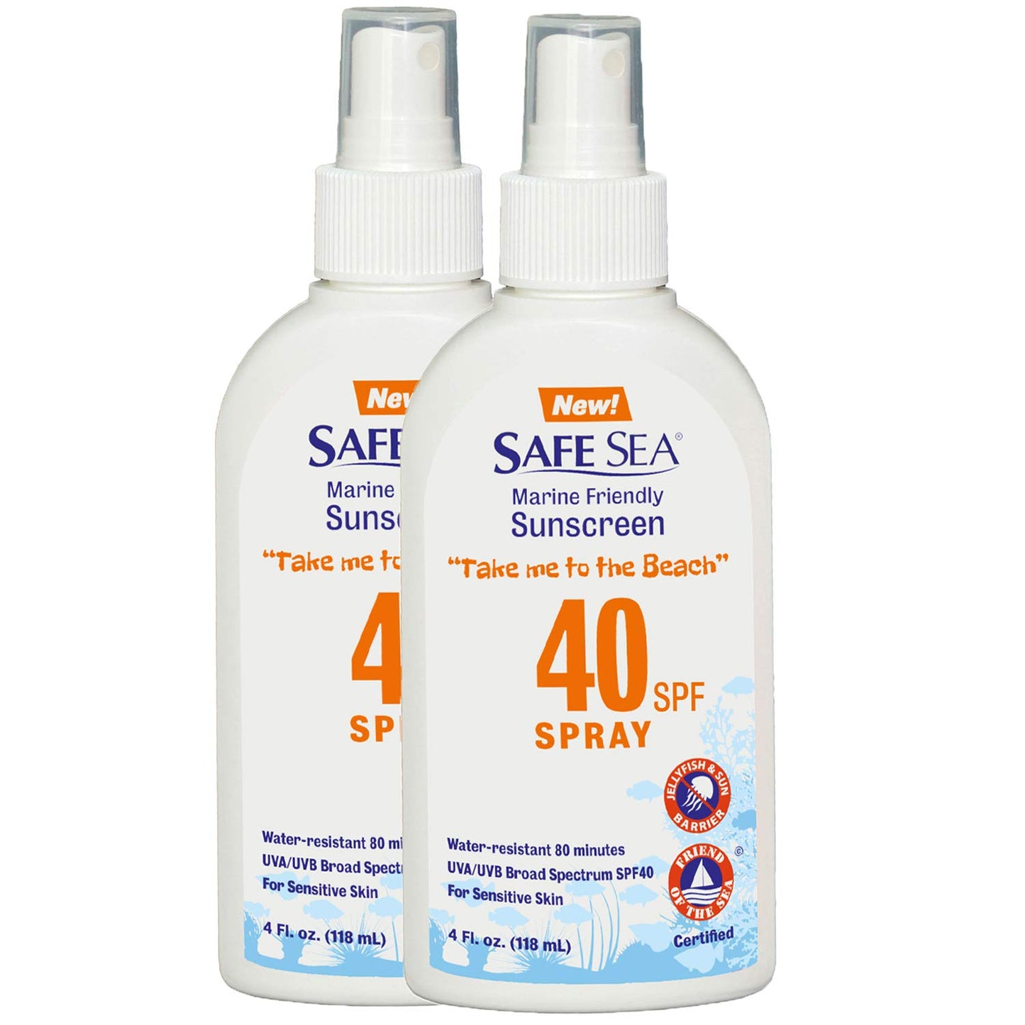 Safe Sea Sunscreen with SPF40 Spray. Eco-friendly Sunscreen. (40SPF Adults 4OZ) 2 Pack.