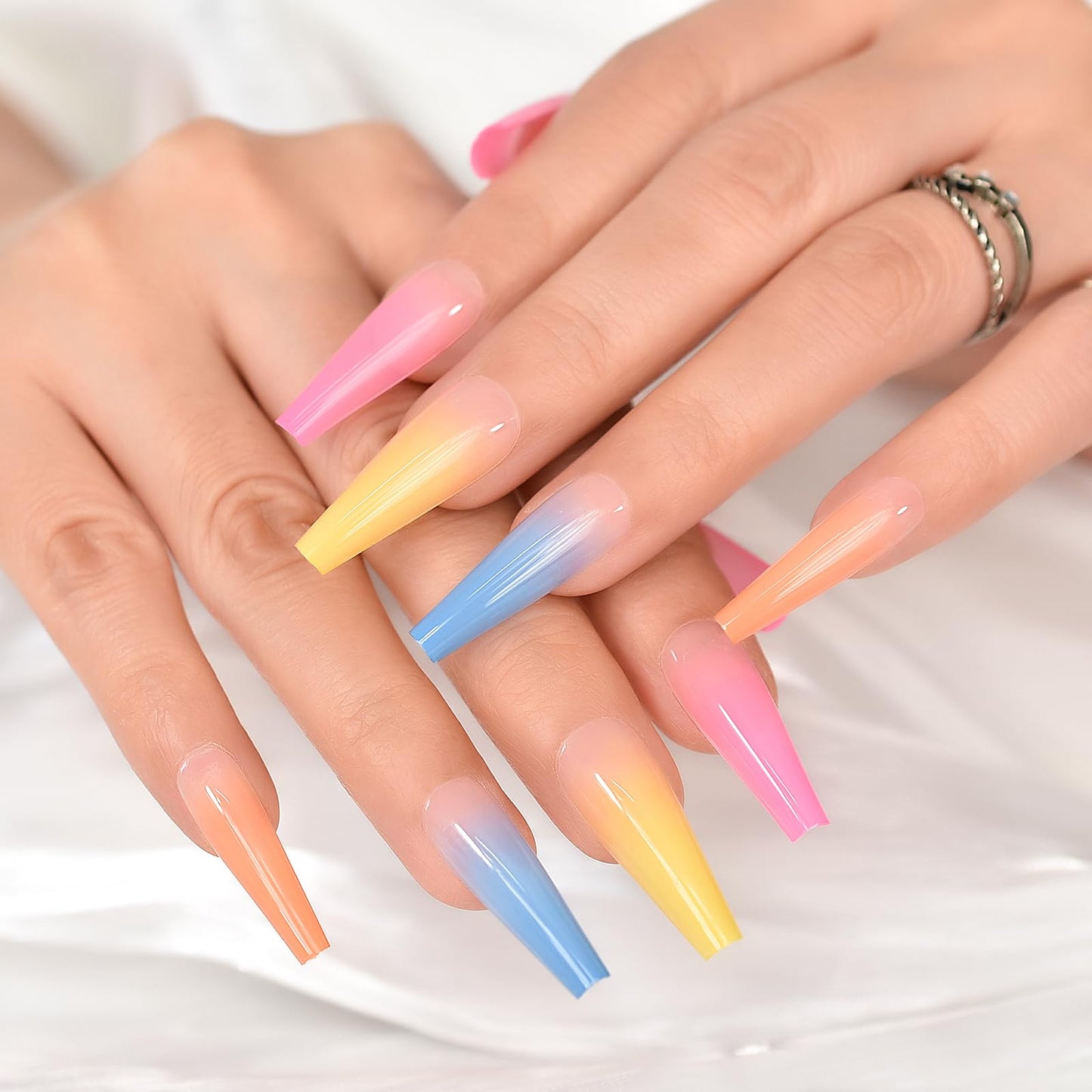 Extra Long Coffin Press on Nails Multi Color Rainbow Colorful Nail Art Tips Fake Nails Reusable Fingernails False Nails Glossy Salon Manicure Gifts for Women Girls