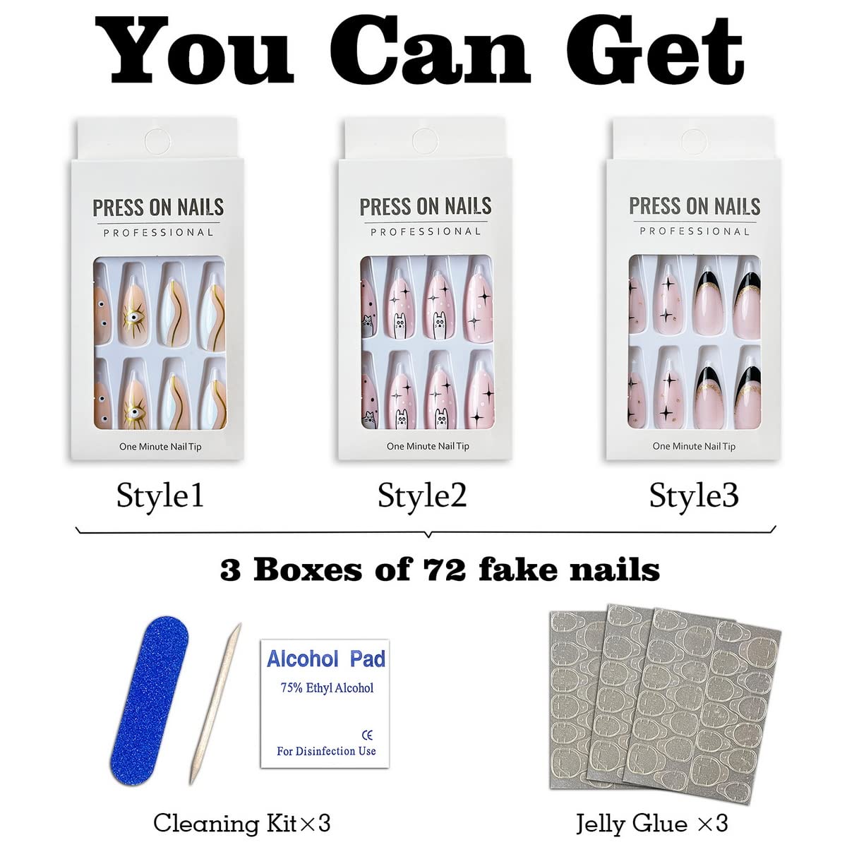 3Packs (72 Pcs) Press on Nails Medium Glue on Nails Nude Pink Full Cover Cute Fake Nails Glossy Stick on Nails French False Nails with Glue Acrylic Nails for Women