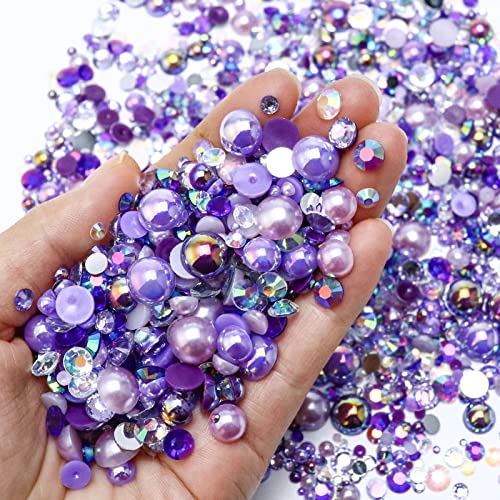 Towenm 60g Mix Pearls and Rhinestones, Flatback Rhinestones and Pearls for Crafts Tumblers Shoes Nails Face Art, 2mm-10mm Mixed Sizes Half Pearls and Rhinestones, Purples