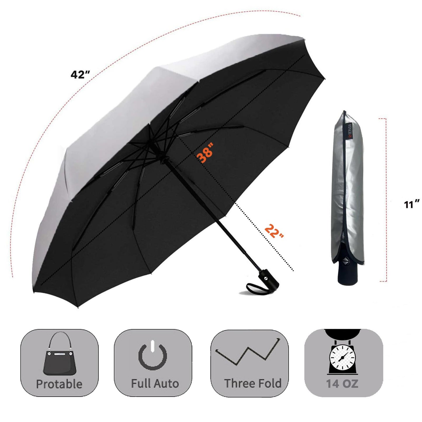 SIEPASA UV Protection Travel Compact Umbrella-Automatic Umbrellas for Rain-Compact Folding Umbrella, Travel Umbrella, Small Portable Windproof Umbrellas for Men Women Teenage.(Silver/Black)