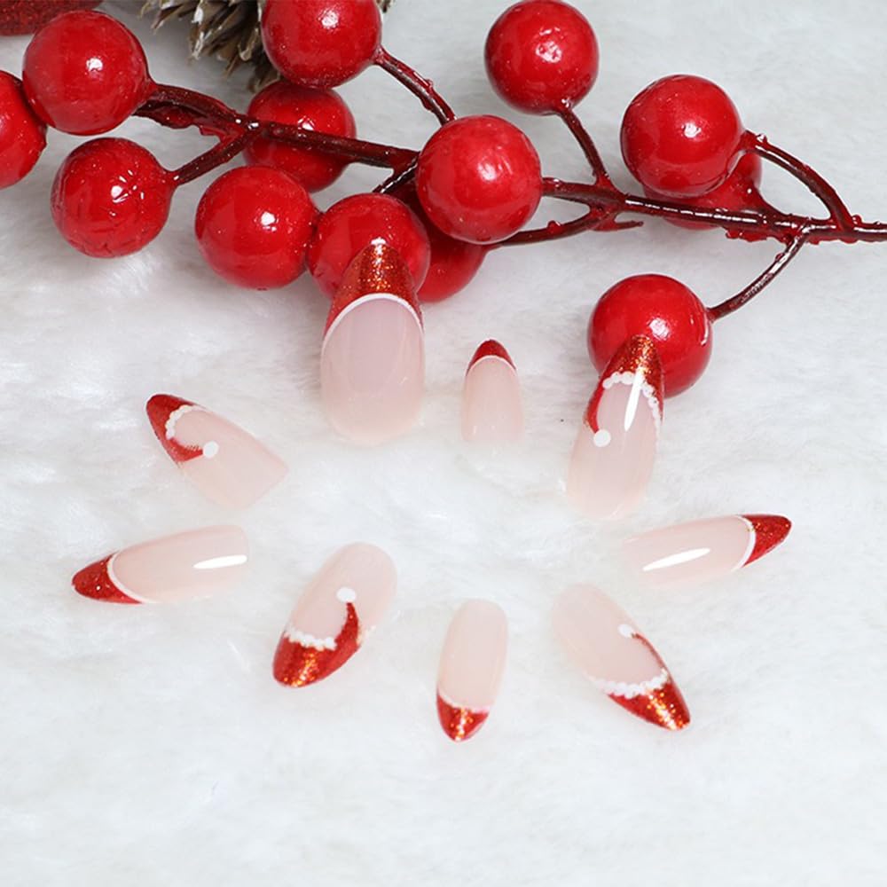 Christmas Almond Press On Nails Red French Tip Fake Nails Christmas Hat Design Glitter False Nails Full Cover Acrylic Nails Winter Xmas Glue on Nails Decoration for Women 24Pcs