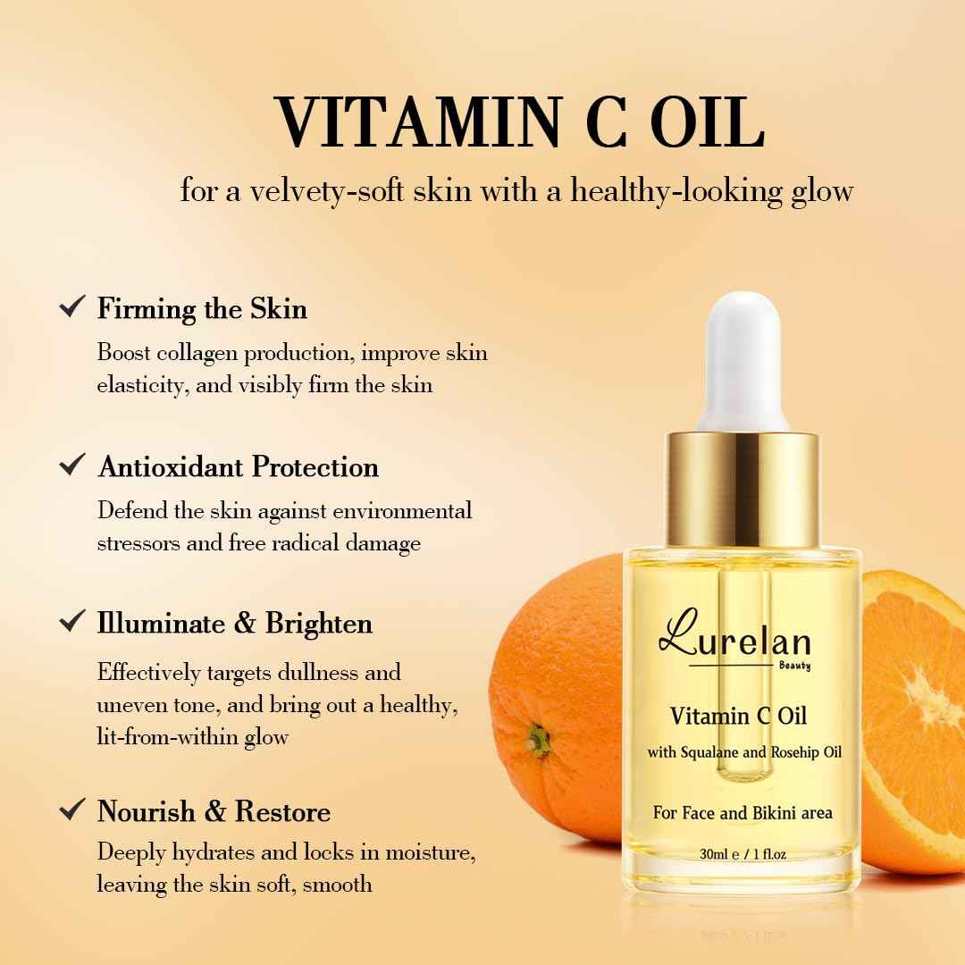 Lurelan Beauty Double Vitamin C Oil For Face and Bikini Area - Brightening Oil with Squalane, Rosehip, Vitamin E, Non-Comedogenic, Vegan, for All Skin Types (Face oil)