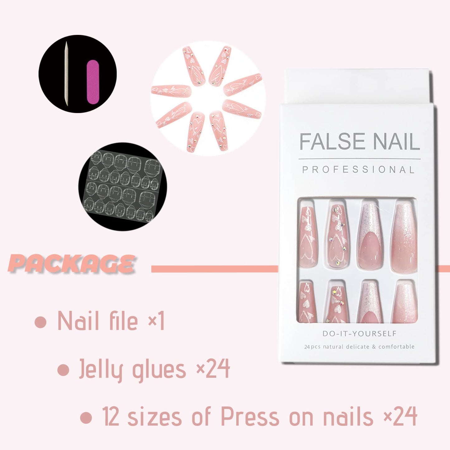 FOAMEE Cute Press on Nails Long Coffin Fake Nails Glitter Sequins Glue on Artificial Nails Rhinestones Glossy False Nails for Women