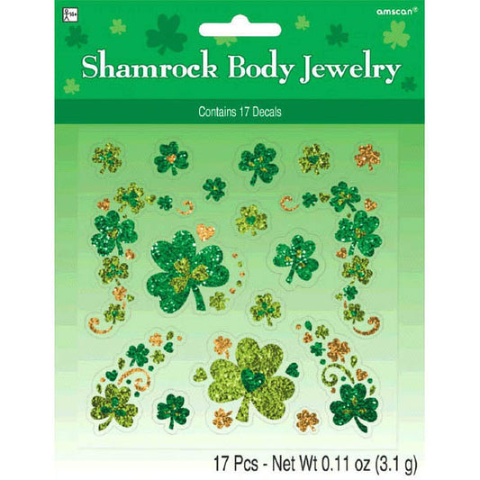 Shamrock Glitter Body Jewelry - 7.75" x 6" (12 Packs) - Self-Adhesive Faux Gems Body Stickers for Festive Celebrations, St. Patrick's Day, & Unique Body Art