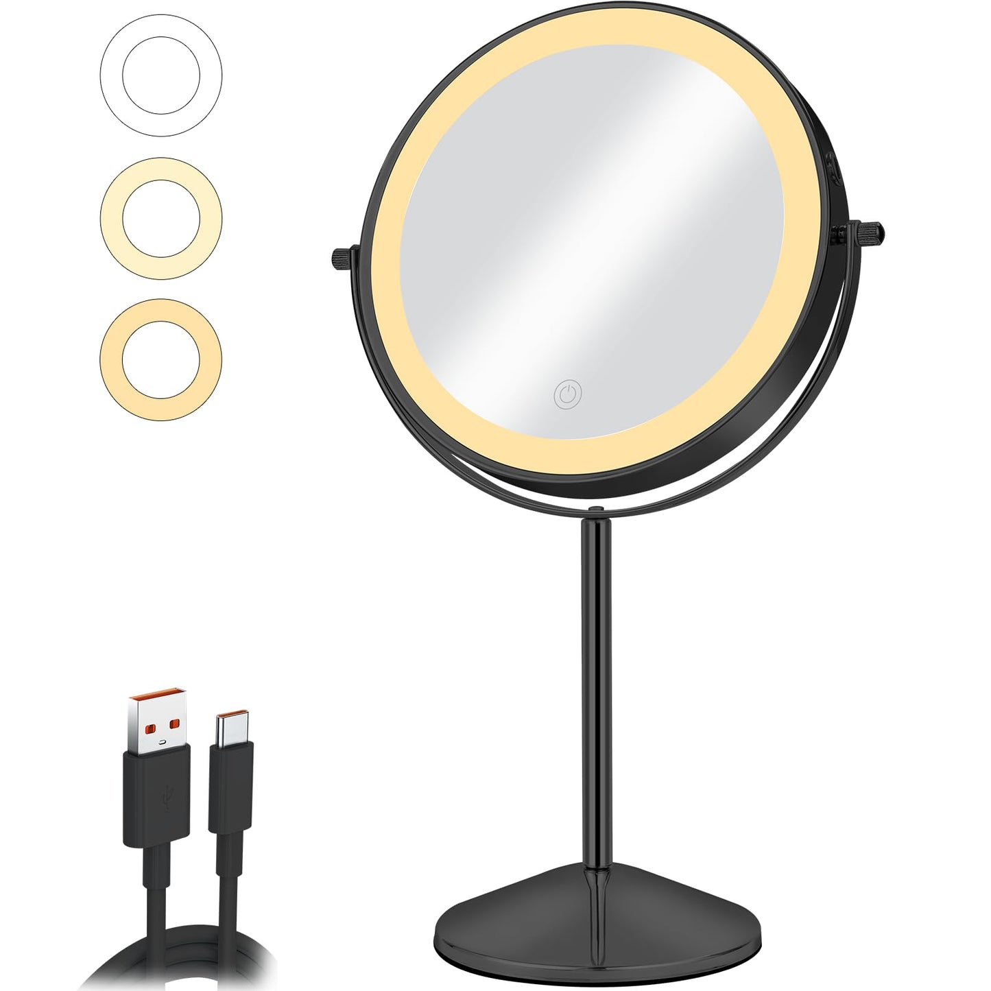 AumVum 8" Vanity Mirror with Lights Rechargeable, 1X/10X Magnifying Makeup Mirror with Touch Screen, 54 LED Adjustable Brightness, 3 Color Modes, 360° Rotation for Tabletop & Bedroom