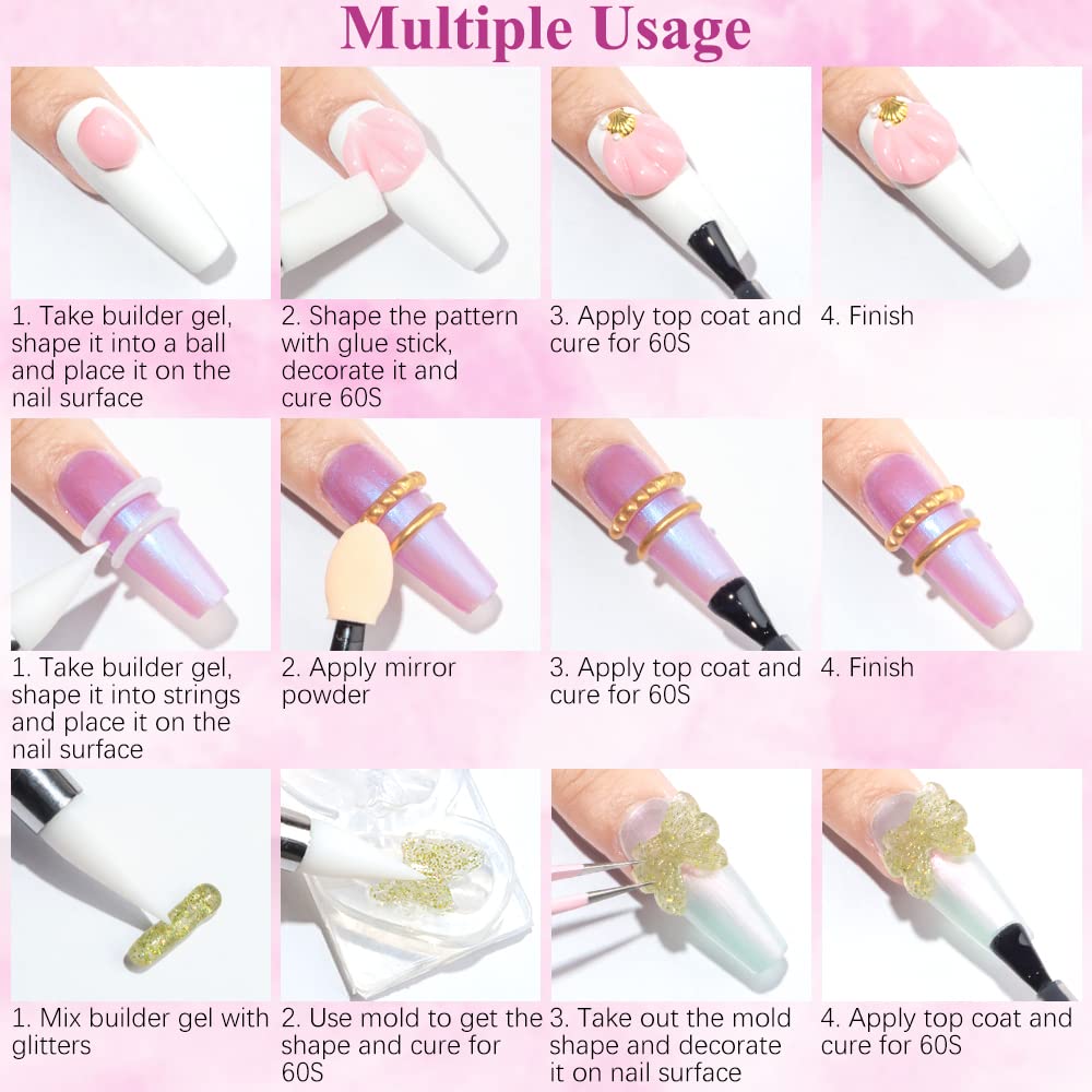 MIZHSE Solid Builder Gel Kit 8 Colors, Hard Gel for Nails Non Sticky Solid Builder Gel Nail Extension Kit Sculpture Gel Clear Pink White with Silicone Pen Nail File for Carving Modeling Nail Art Gift