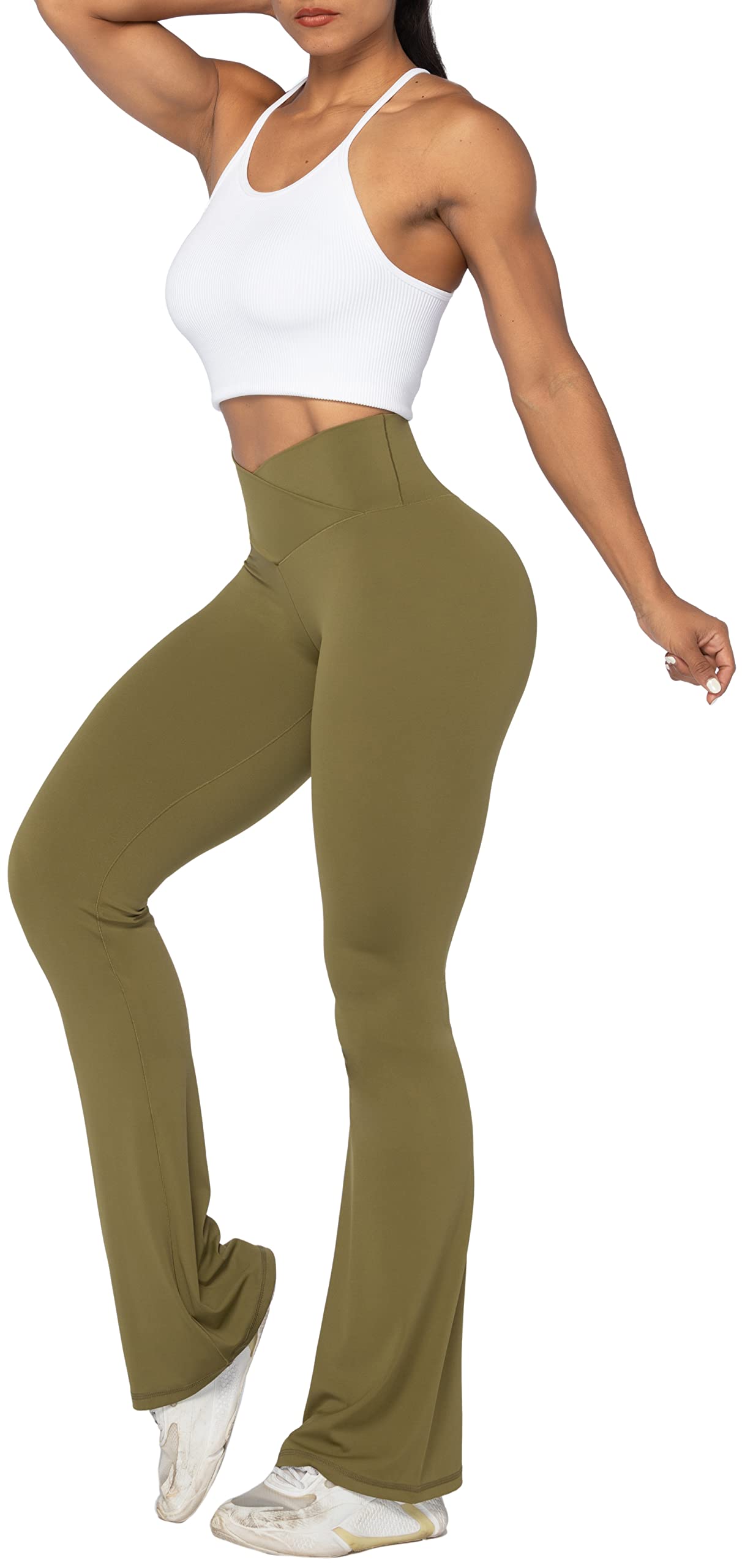 Sunzel Flare Leggings, Crossover Yoga Pants for Women with Tummy Control, High-Waisted and Wide Leg Martini Olive