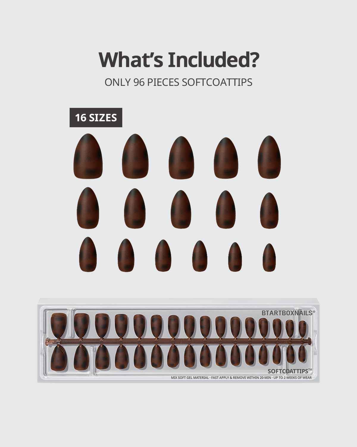 BTArtboxnails SOFTCOATTIPS Press On Nails - Tortoiseshell Almond Press On Nails Short, 96Pcs Salon Quality Soak Off Soft Gel Nail Tips in 16 Sizes