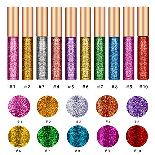 Ownest 10 Colors Liquid Glitter Eyeliner Set, Metallic Shimmer Glitter Eyeshadow, Long Lasting Waterproof Shimmer Sparkling Liquid Eyeliner Eye Shadow-10pcs