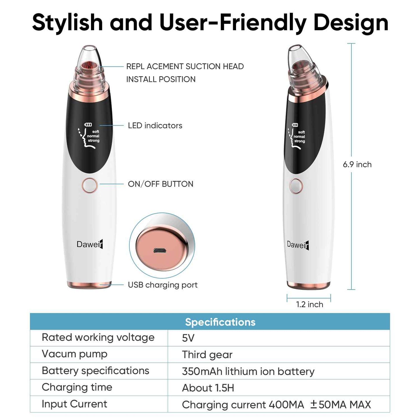 Blackhead Remover Pore Vacuum for Face & Nose – Deep Cleansing Blackhead Remover Tools with 3 Suction Levels, 5 Replaceable Tips, USB Rechargeable Pore Cleaner