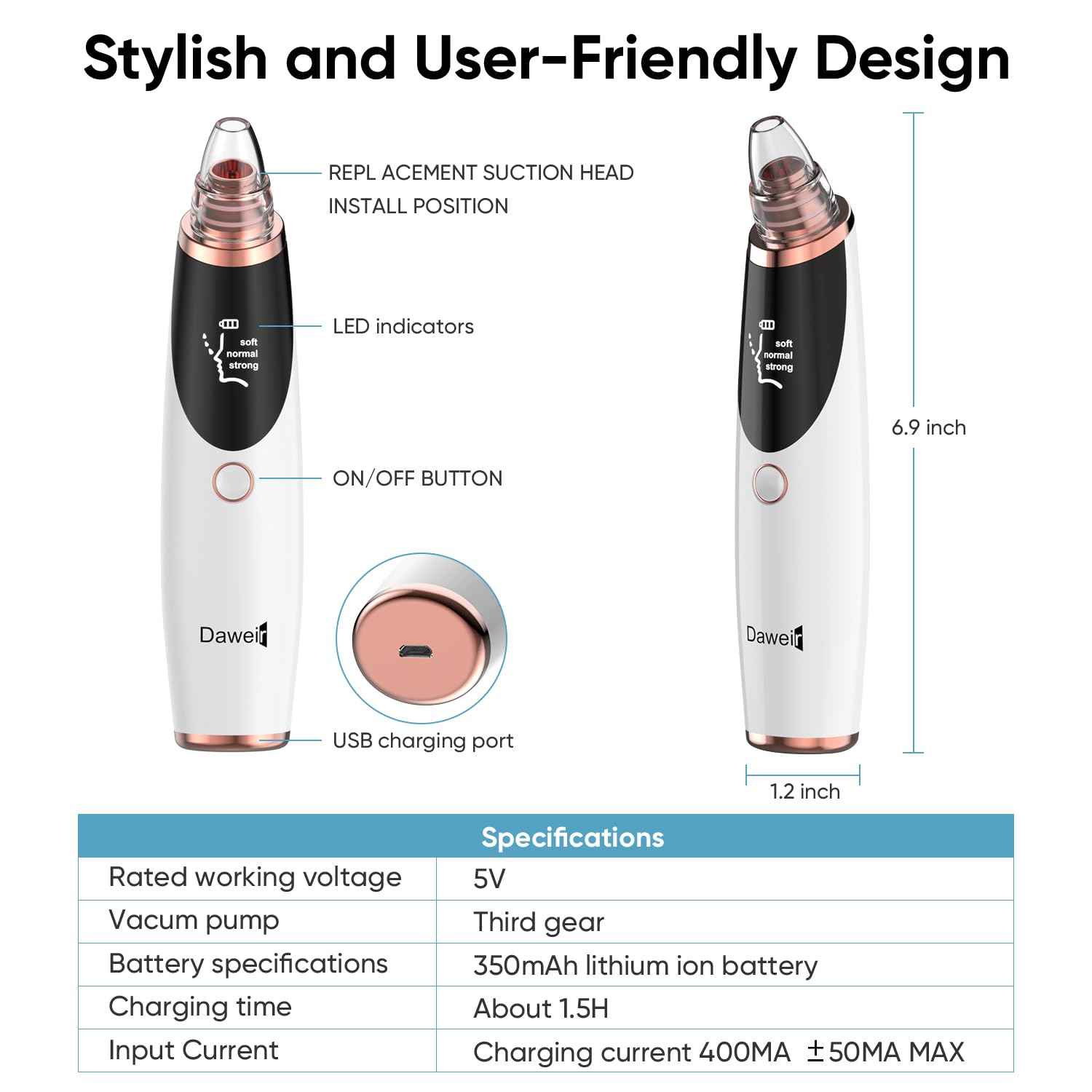 Blackhead Remover Pore Vacuum for Face & Nose – Deep Cleansing Blackhead Remover Tools with 3 Suction Levels, 5 Replaceable Tips, USB Rechargeable Pore Cleaner