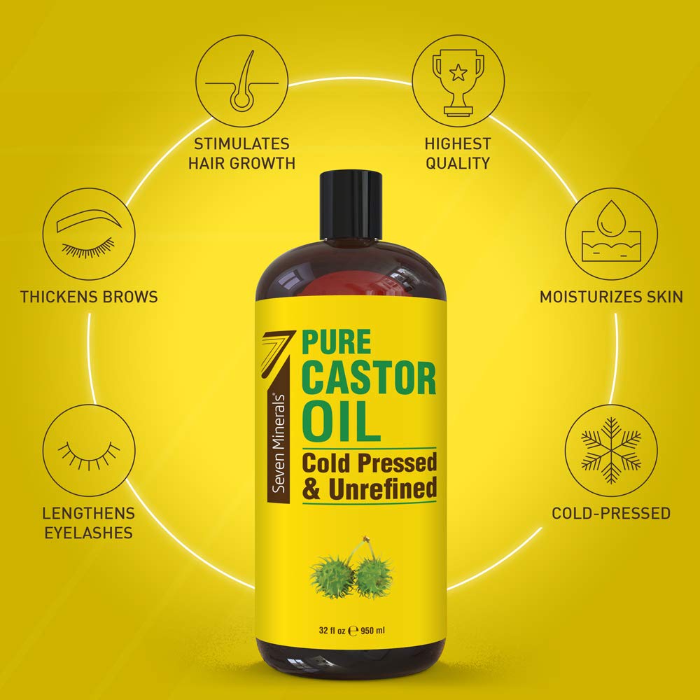 Pure Cold Pressed Castor Oil - Big 32 fl oz Bottle - Unrefined & Hexane Free - 100% Pure Castor Oil for Hair Growth, Thicker Eyelashes & Eyebrows, Dry Skin, Healing, Hair Care, Joint and Muscle Pain