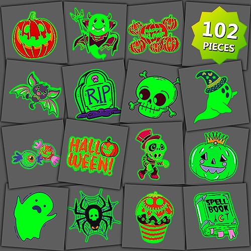 Glow in Dark Halloween Temporary Tattoos for Kids, 102 PCS