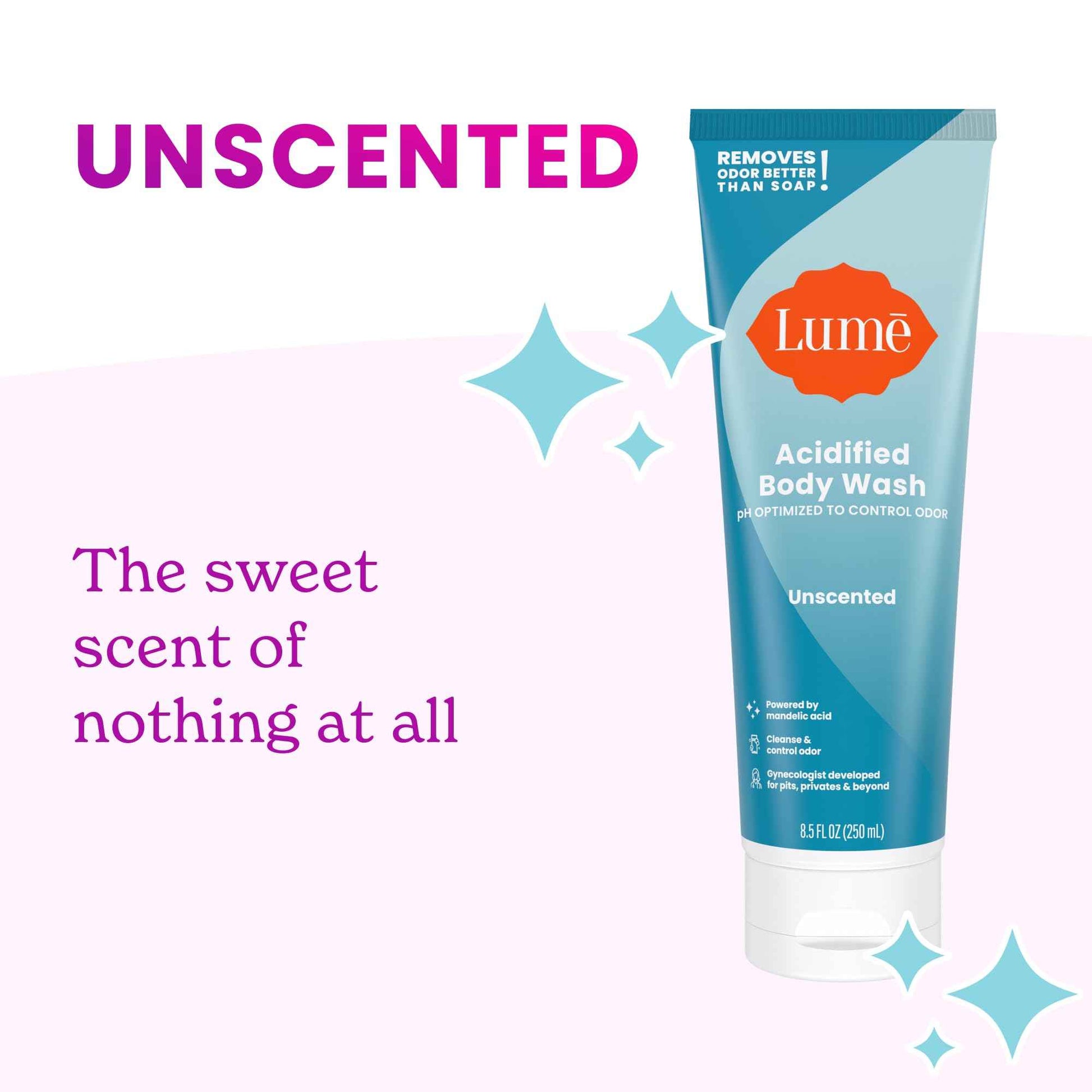 Lume Acidified Body Wash & Flushable Deodorant Wipes - 24 Hour Odor Control - Hydrating Wash - Without SLS or Parabens - OB/GYN Developed - 8.5 Ounce (Unscented) 15 Count Wipes (Cool Cucumber)