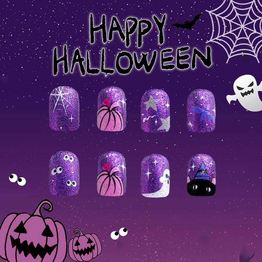 Halloween Press on Nails Short Square Fake Nails with Glitter Designs, Glossy Acrylic Nails Cute Ghost Nails Halloween Nails Purple Press on Nails Stick on Nails for Women Girls 24Pcs