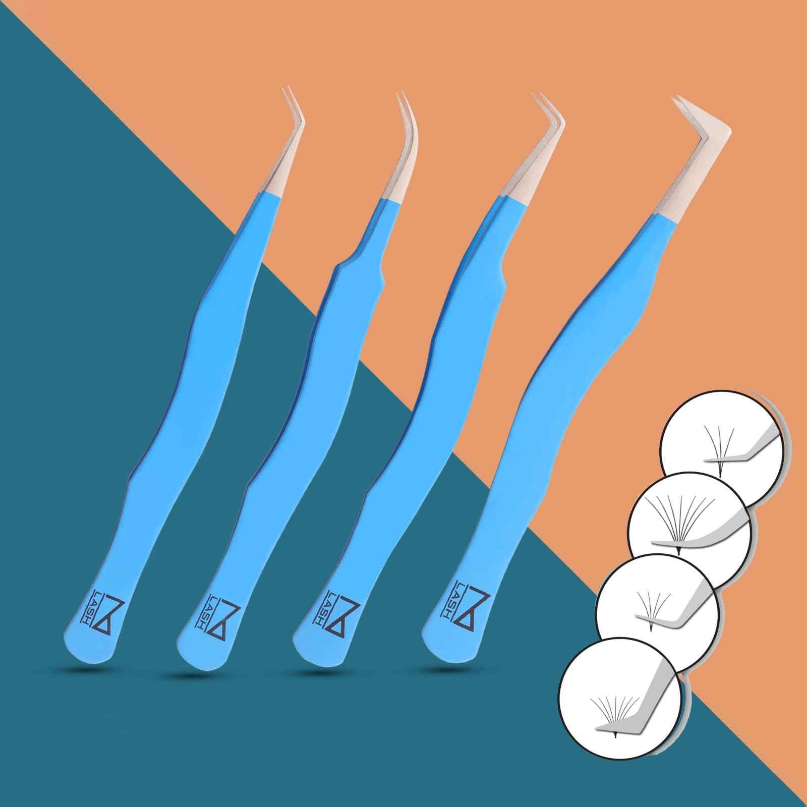 M LASH Eyelash Tweezers for Eyelash Extensions (Set of 4) - Professional Lash Extension Tweezers - Fiber Tip Lash Tweezers, Japanese Steel, Diamond Grip For Flawless Application (Teal)