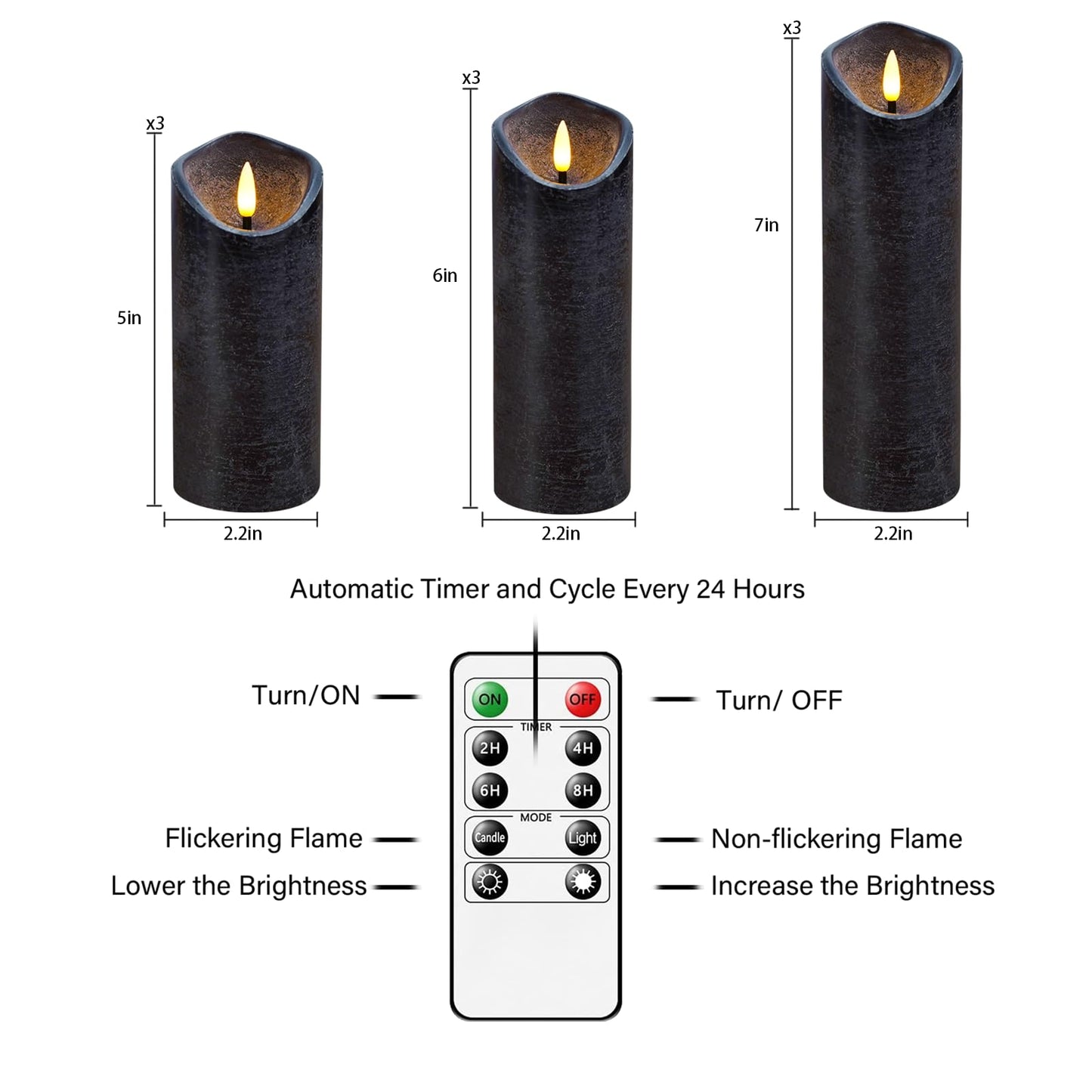 Eebuss Black Set of 9 Flameless Candle Real Wax Halloween Candles Battery Operated LED Pillar with Remote Control Timer Ideal for Home Decor（D 2"*H 5" 5" 5" 6" 6" 6" 7" 7" 7"）