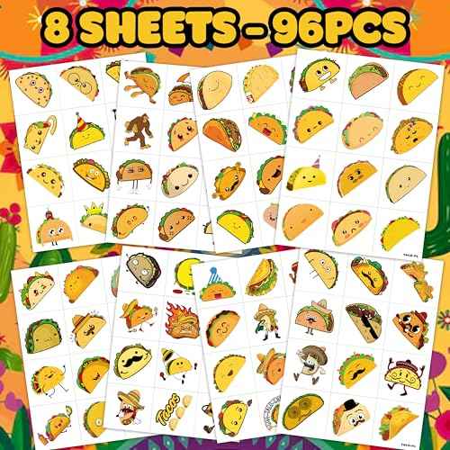 96 PCS Taco Bout Love Birthday Party Decorations Favors Supplies Pre-Cut Temporary Tattoos Decor Mexican Fiesta Taco Twosday Tuesday Stickers For Boys Girls Gift School Prizes Rewards
