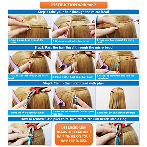 Hair Tinsel Extensions Kit - 1000 Strands, 47", Red Glitter
