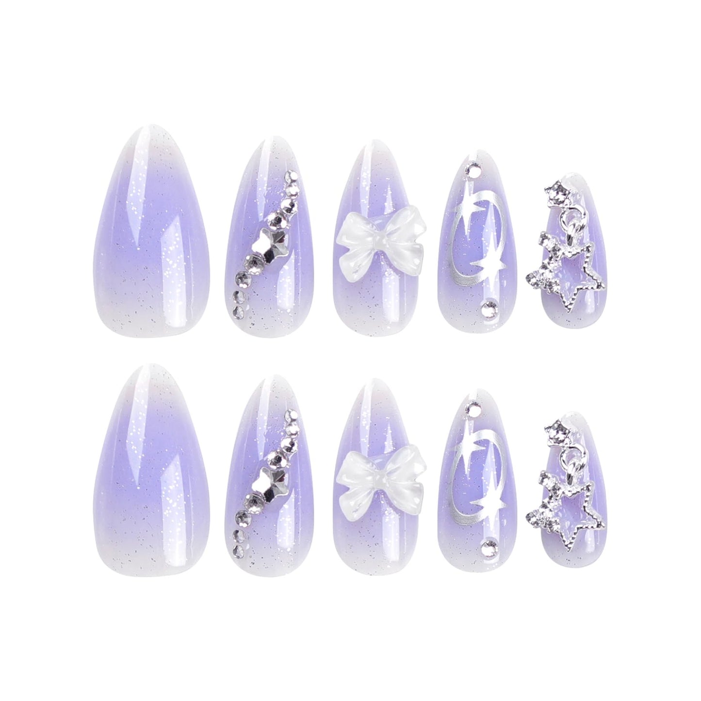 Purple Almond Press on Nails Medium, 3D Bow Star Nail Charms Fake Nails Bling Rhinestone Stick on Nails False Nails Glitter Acrylic Nails Summer Manicure for Women and Girls, 24PCS