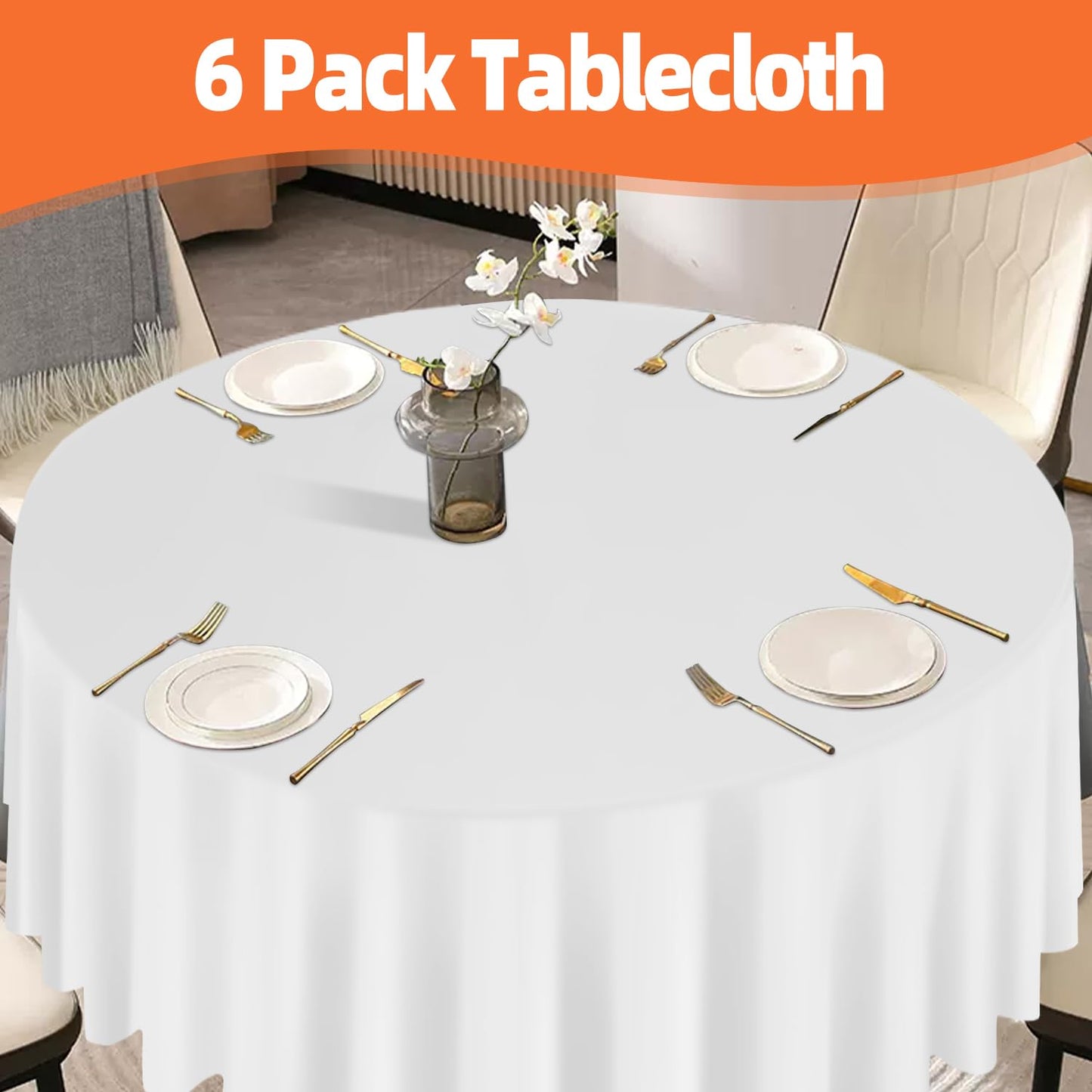 tujol White 6 Pack Plastic Table Cloth 84", Disposable Round Tablecloth Table Cover, Plastic Table Cloths for Parties