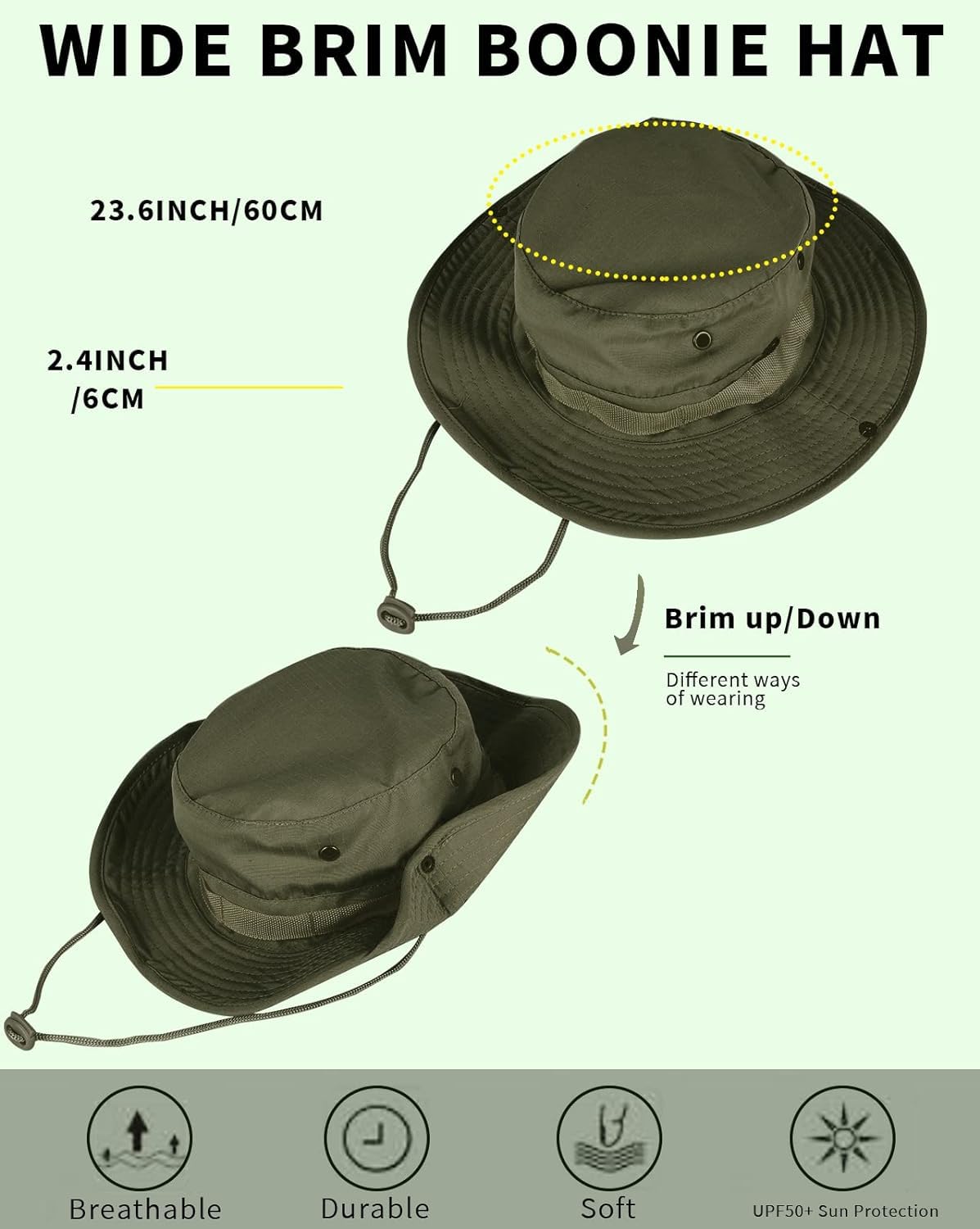 Sun Hats for Men Women Bucket Hat UPF 50+ Boonie Hat Foldable UV Protection Hiking Beach Fishing Summer Safari(2pack-Beige+Green)