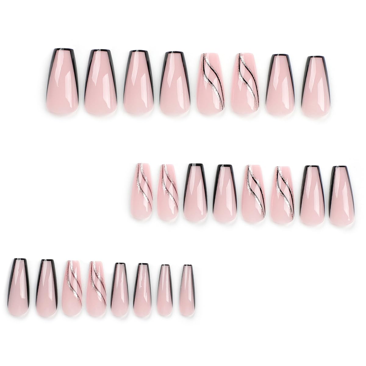 French Tip Press on Nails Long Square Fake Nails Light Pink Acrylic Nails Glitter Gold Lines Design Coffin Nails Tips Full Cover False Nails Artificial Glossy Glue on Nails for Women Nail Decorations