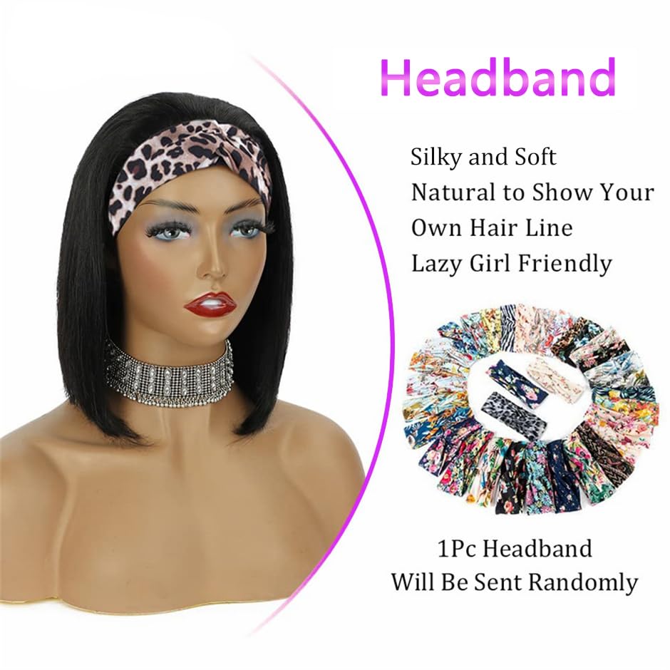 Headband Wig Human Hair Wigs for Black Women Straight Bob Human Hair Headband Wigs None Lace Wig Glueless Short Bob Wigs 100% Brazilian Virgin Hair Wear and Go Wigs Natural Color 10 Inch