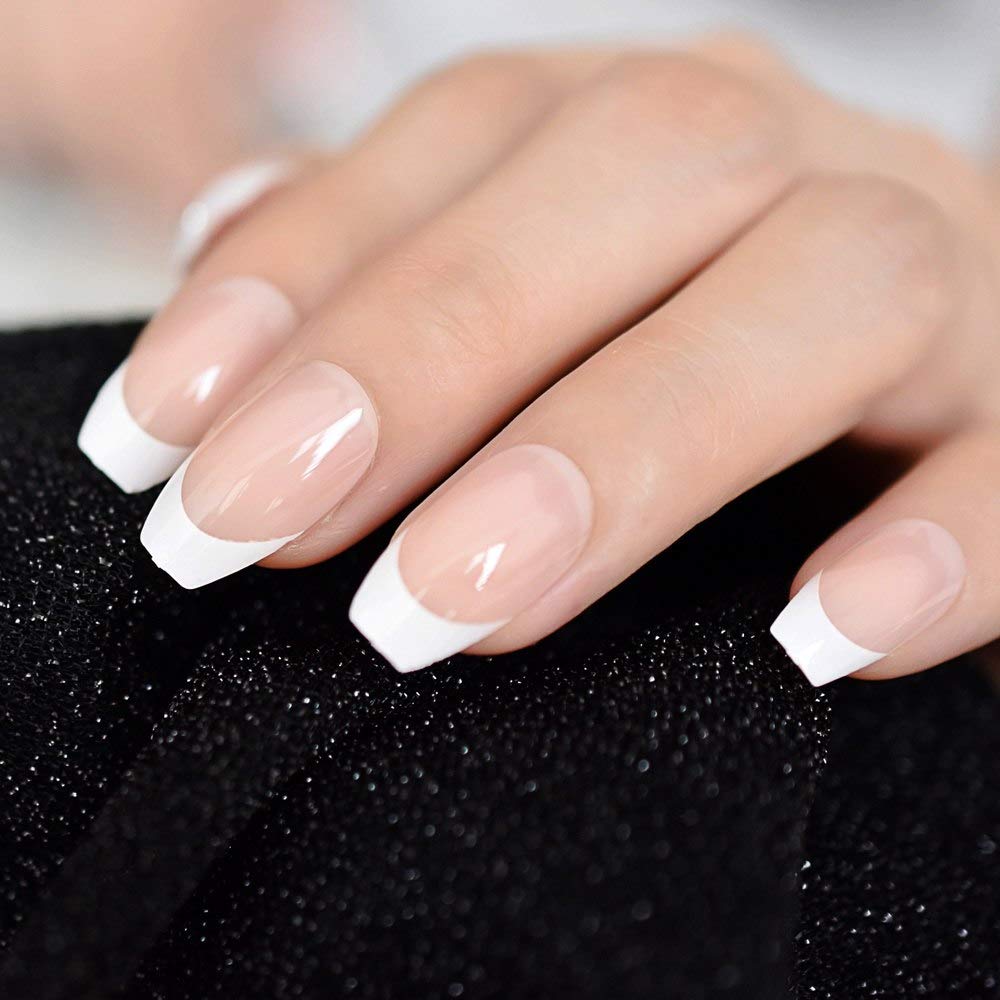 CoolNail natural Nude White French Coffin False Fake Nails Press on Flat Ballerina Nails Art Tips Daily Office Finger Wear Manicure 24pcs