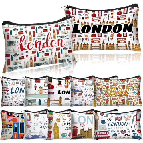 Reginary 12 Pack Cosmetic Bag Travel Souvenirs Gift Makeup Bag Lover Gifts Friendship Family Toiletry Storage for Women Vacation Traveller Trip(London)