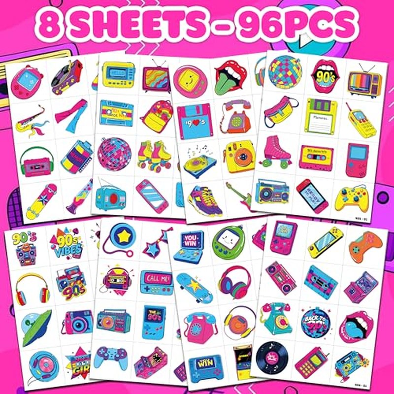 Back To The 90s 80s Retro Temporary Tattoos for Kids - Colorful Designs, 96 PCS - Perfect for Themed Birthday Party Supplies Decorations Favors Decor - Fun Stickers Tattoo Gifts for Girls Boys Rewards