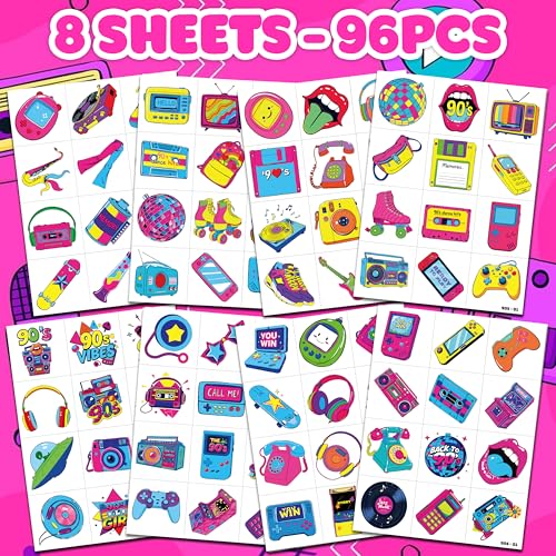 96 PCS Retro 80s & 90s Temporary Tattoos - Kids Party Favors