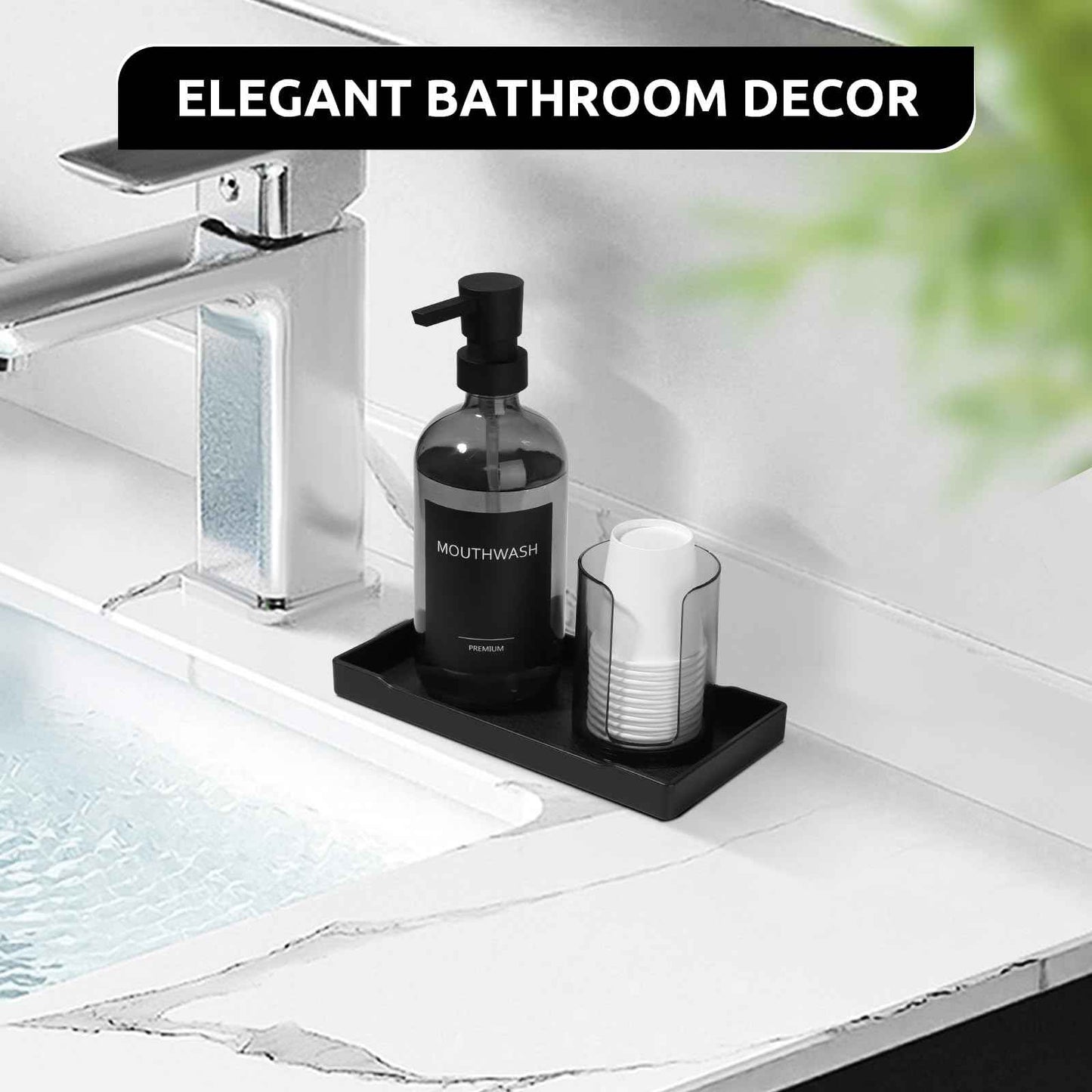 TOLDATLI Mouthwash Dispenser for Bathroom, Glass Mouth Wash Pump Dispenser with Cup Holder, 17 Fl Oz Mouthwash Bottle Decanter with Tray, Refillable Mouthwash Dispenser Container (Clear Black)