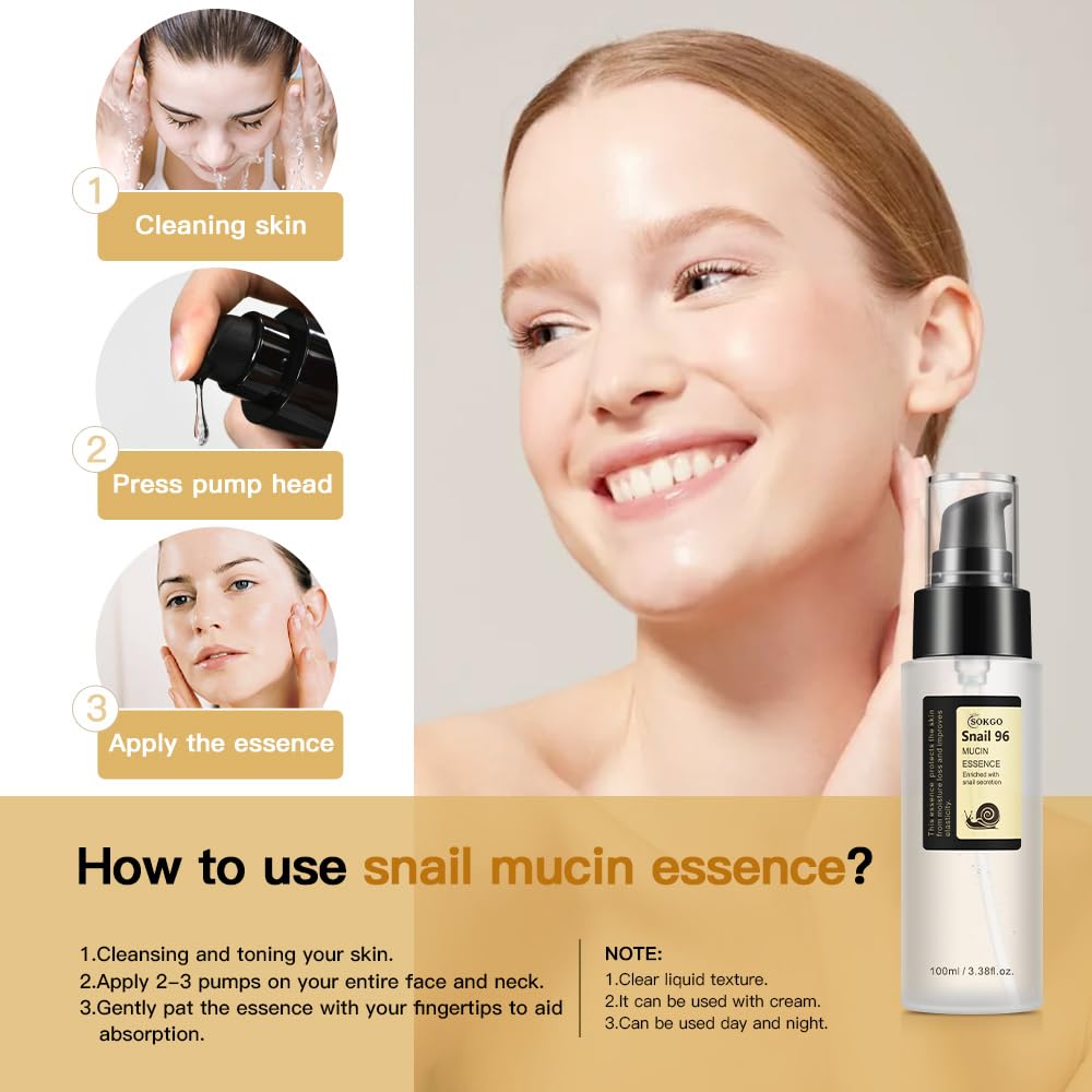 Snail Mucin Serum 96%, Snail Secretion Filtrate 96%, Advanced Snail Mucin 96% Power Repairing Essence, Hydrating Serum with Snail Secretion Filtrate Sodium Hyaluronate for All Skin (1PCS)